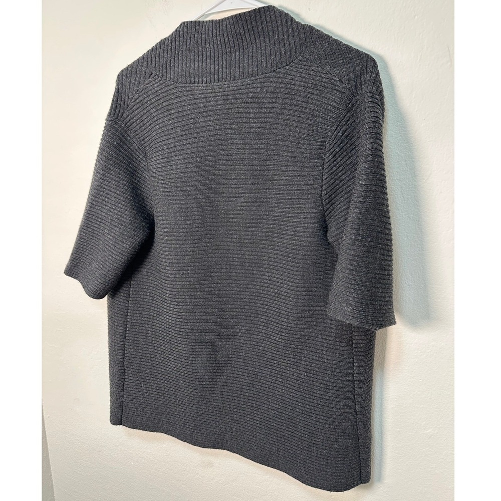 EILEEN FISHER Petite Charcoal Grey Ribbed Knit Short Sleeve Open Front Cardigan - Picture 7 of 9